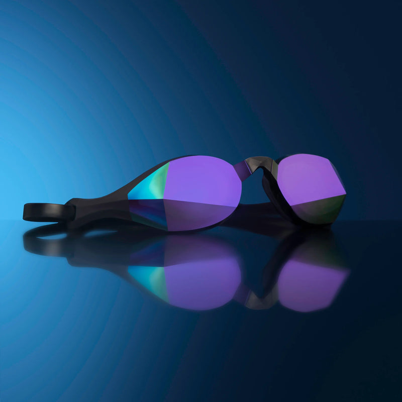 Vector Purple Magic Mirror Blue custom-fit mirrored swimming goggles by THEMAGIC5 with blue anti-glare lenses designed for outdoor swimming and competitive swim training.