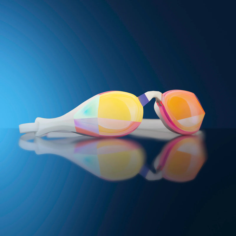 Vector Pink Magic Mirror Gold custom-fit mirrored swimming goggles by THEMAGIC5 with gold anti-glare lenses designed for outdoor swimming and competitive swim training.