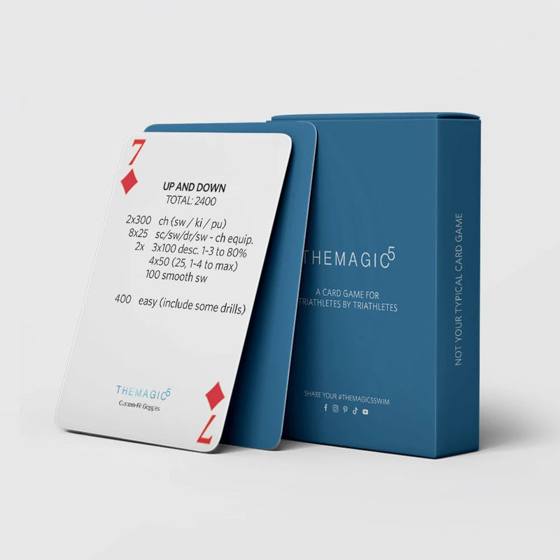 THEMAGIC5 Triathlete Edition card game with swim workout challenge card and storage box.