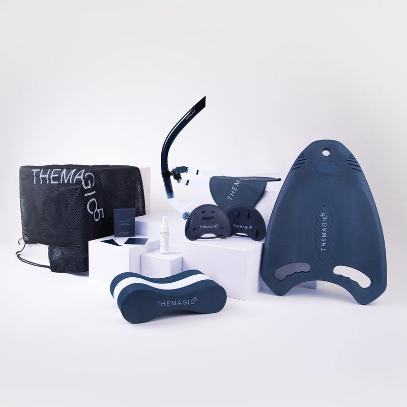 THEMAGIC5 Discovery Bundle with kickboard, pull buoy, snorkel, paddles, mesh bag, and swim accessories