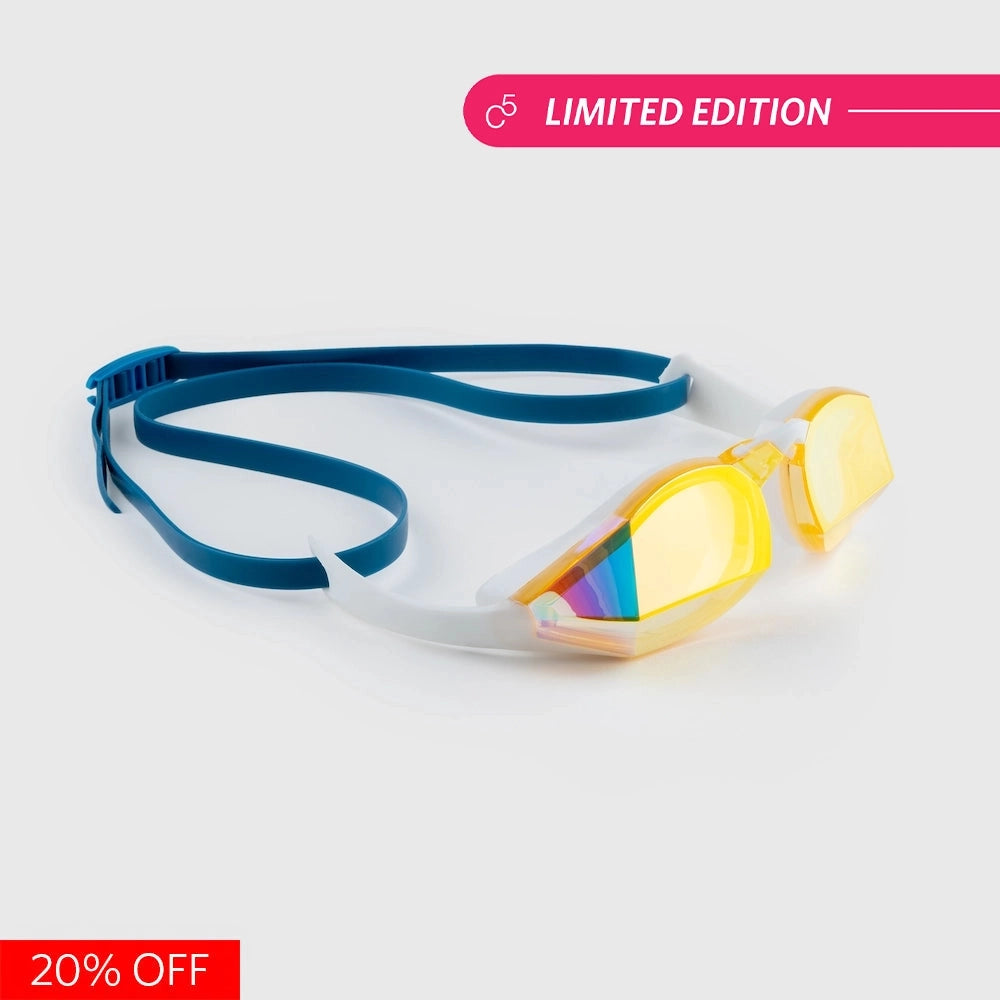 Swedish Limited Edition swim goggles with yellow mirrored lenses on white background