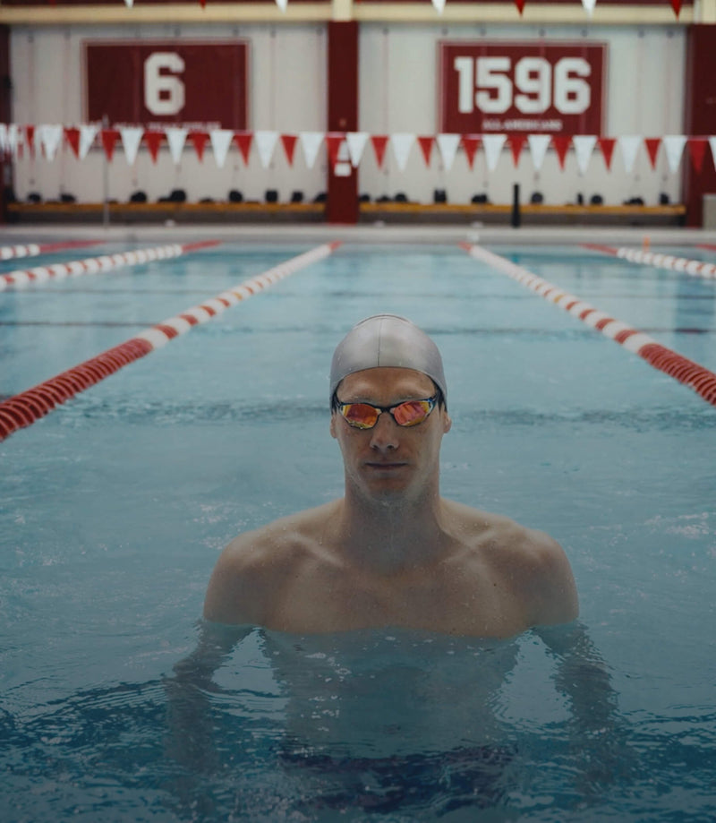 Zane Grothe in the lap pool wearing The Magic 5 goggles